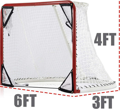 Kapler Foldable Hockey Goal，6' X 4' Steel Hockey Net Professional Street Hockey Shooting Targets with Red Frame and White Netting (Round)