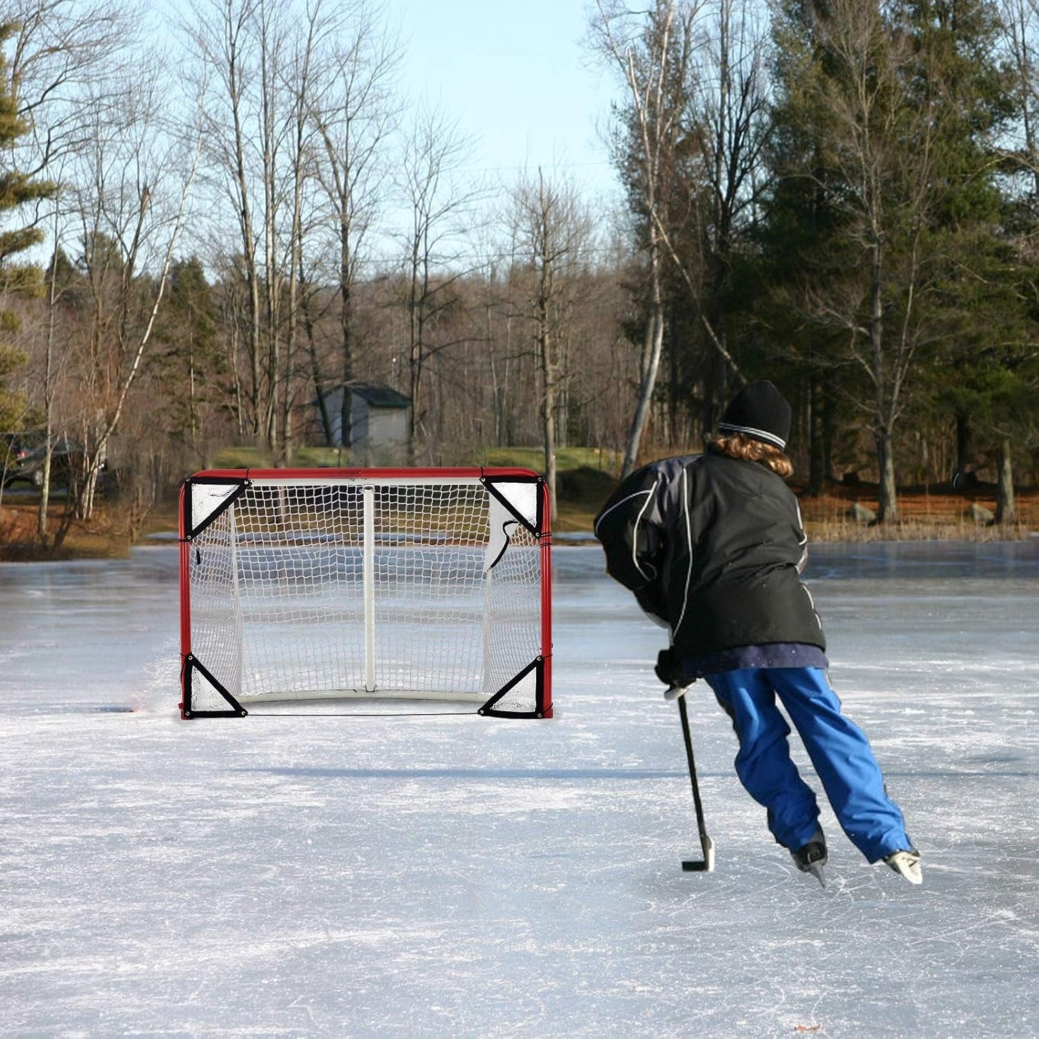Kapler Foldable Hockey Goal，6' X 4' Steel Hockey Net Professional Street Hockey Shooting Targets with Red Frame and White Netting (Round)