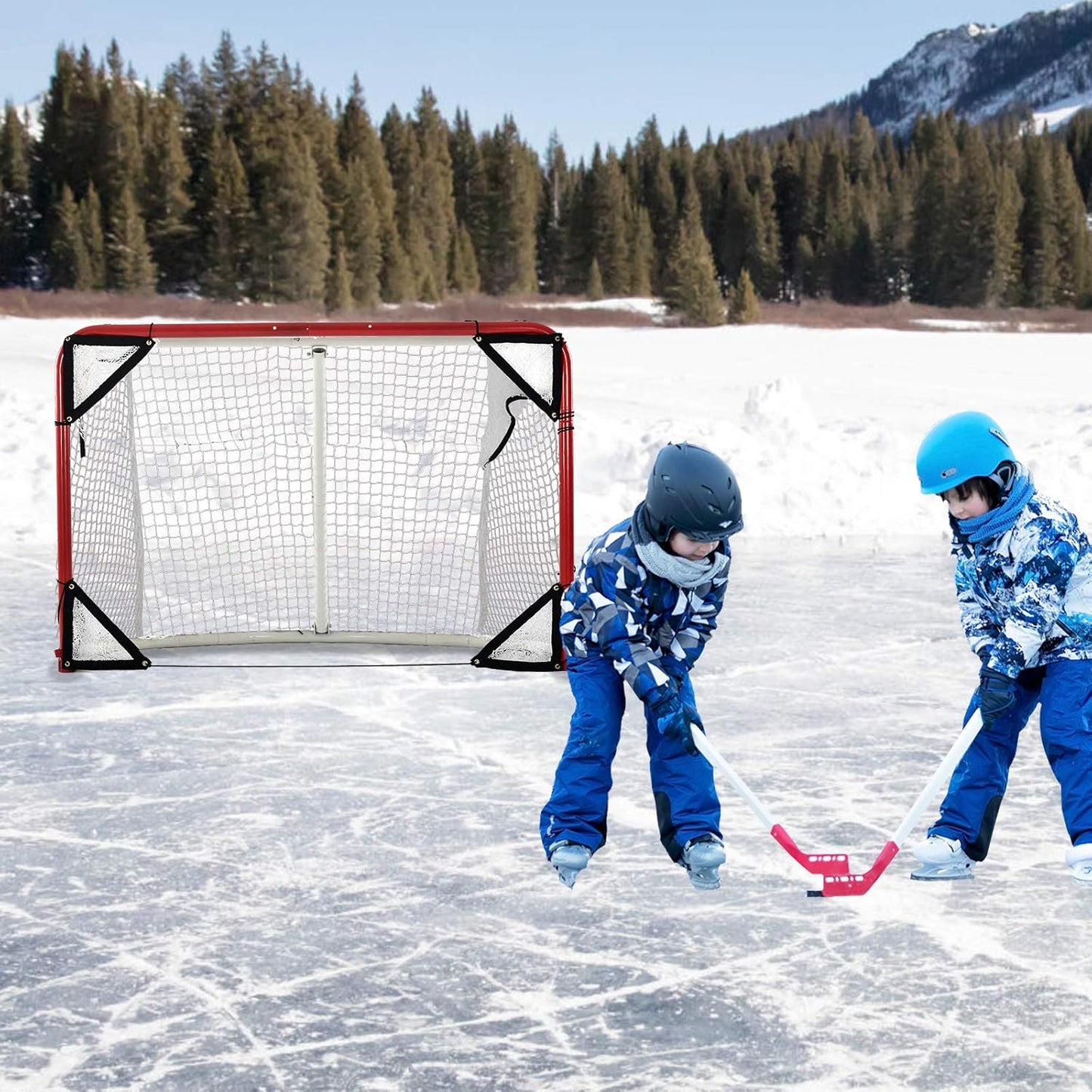 Kapler Foldable Hockey Goal，6' X 4' Steel Hockey Net Professional Street Hockey Shooting Targets with Red Frame and White Netting (Round)