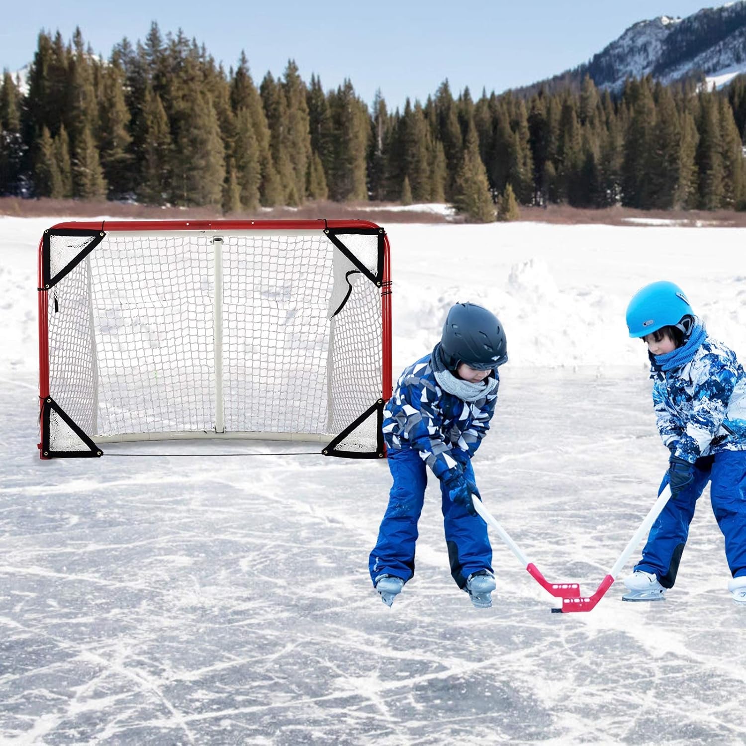 Kapler Foldable Hockey Goal，6' X 4' Steel Hockey Net Professional Street Hockey Shooting Targets with Red Frame and White Netting (Round)